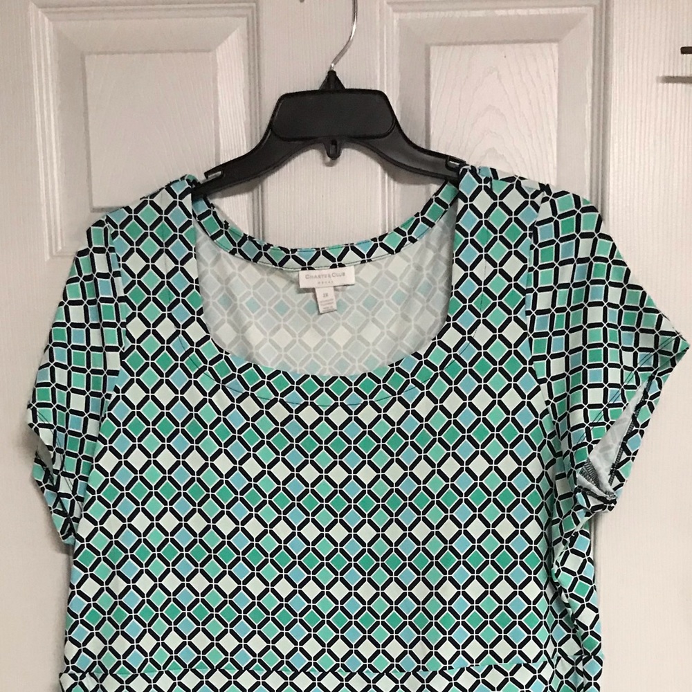 Teal dress with geometric design and pockets!